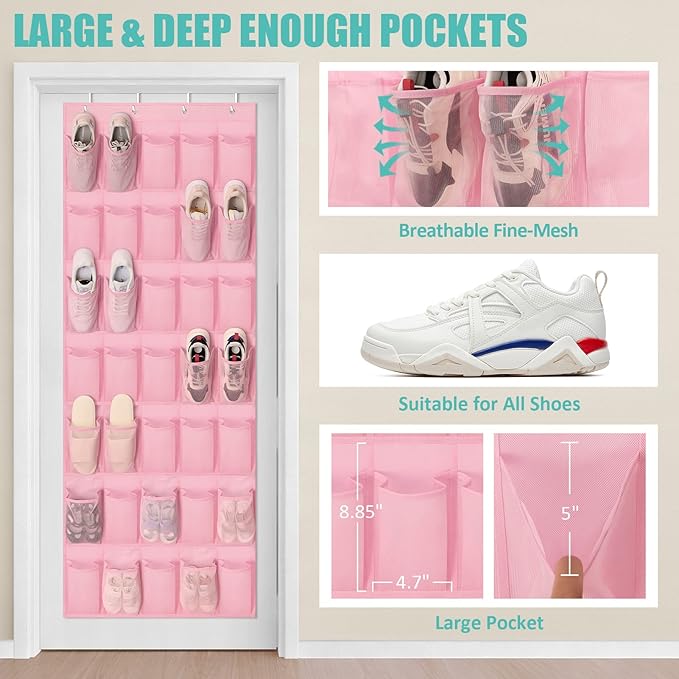 Tiblue Over The Door Shoe Organizers Pink with 35 Mesh Pockets Baby Organizer Storage Hanging Shoe Organizer Shoe Holder Rack For Toddler Girl Room Baby Room Craft Room Bedroom Pantry Bathroom Closet