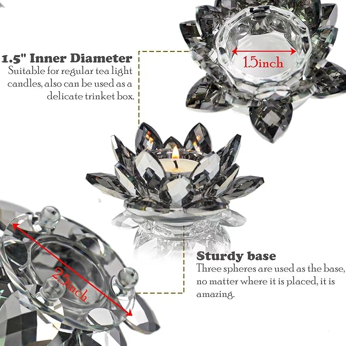 Lotus Black Crystal Candlestick 2-Piece Tealight Candle Set, Black Glass Votive Candle Holder for Tabletop Dining Table Center Decoration Ideal Candle Holder for Wedding Valentine's Day Decoration