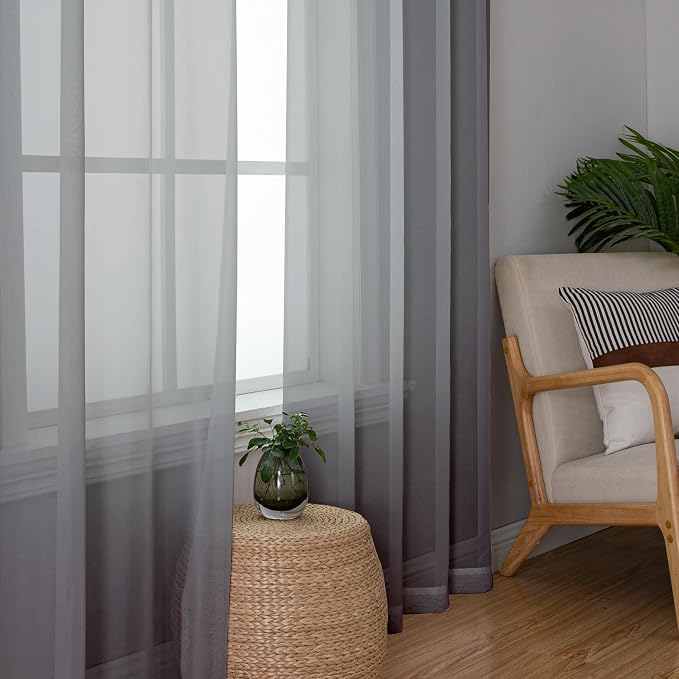 Charcoal Grey Sheer Curtains 90 Inches Long 2 Panels, Light Filtering Voile - Image 2
