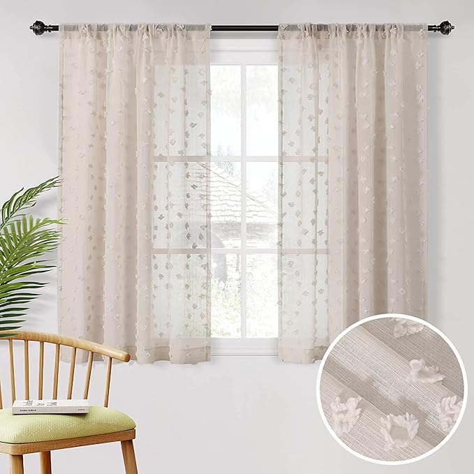 MYSKY HOME Pom Pom Beige Sheer Curtains for Bedroom Girls Room Curtains 63 inch Length for Nursery Kids Light Filtering Boho Window Drapes, Rod Pocket, 38" Wide, 2 Panels