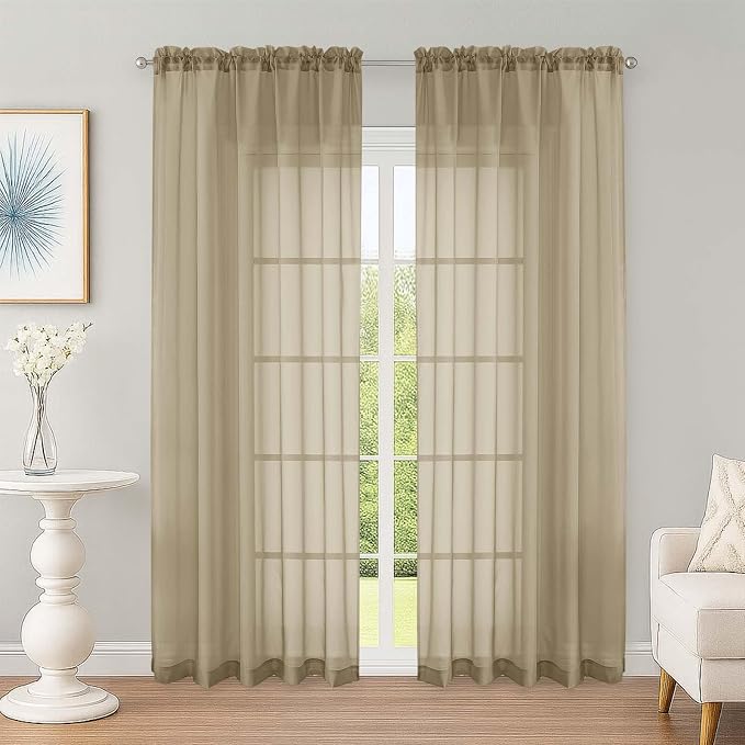Sheer Curtains 84 Inches Long 2 Panels Set, Sheer Taupe Curtains by OWENIE
