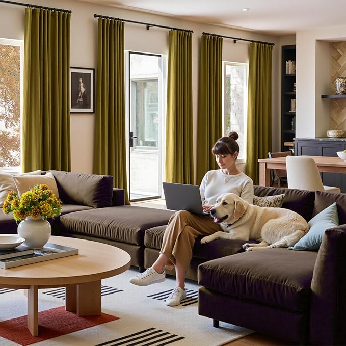 Lazzzy Velvet Blackout Curtains Thermal Insulated Room Window Drapes Super Soft Luxury Curtains for Living Room Bedroom Rod Pocket 2 Panels, Golden Olive, 52" W x 96" L