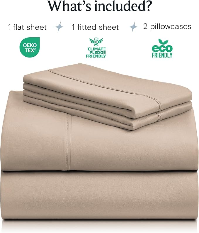 LuxClub 4 PC Queen Sheet Set, Breathable Luxury Bed Sheets, Deep Pockets Wrinkle Free Cooling Sheets Machine Washable Hotel Bedding Silky Soft - Light Khaki Queen