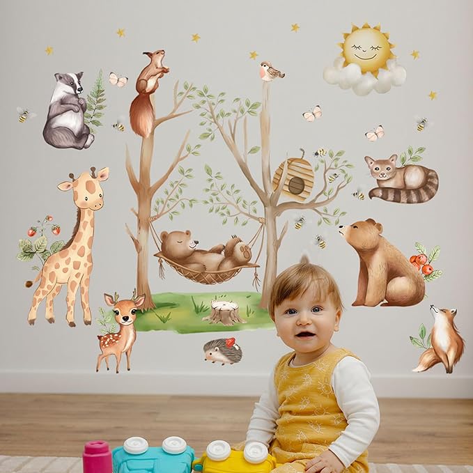 Jungle Animal Wall Stickers Forest Safari Wall Decals Kid Room Nursery Baby Bedroom Décor (Bear Swing)