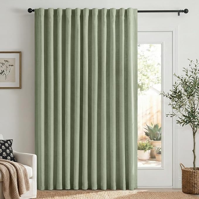 Faux Linen Total Blackout Sliding Door Curtains 84 Inches Long, Sage | 100% by 100BlackoutShield