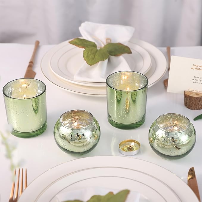 10 Pcs Assorted Green Votive Candle Holders, Larger Size Mercury Glass Candle Holder, Sage Green Tealight Candle Holder for Wedding, Votive Holders for Party Centerpieces for Table