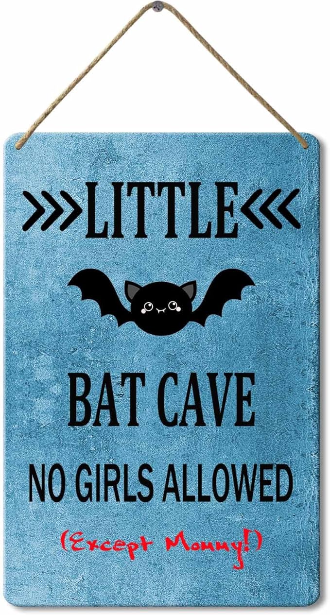 Wood Sign Little Bat Cave No Girls Allowed, 8x12 Inch, Rustic Hanging Plaque Wall Decor For Toddlers Kids Baby Bedroom