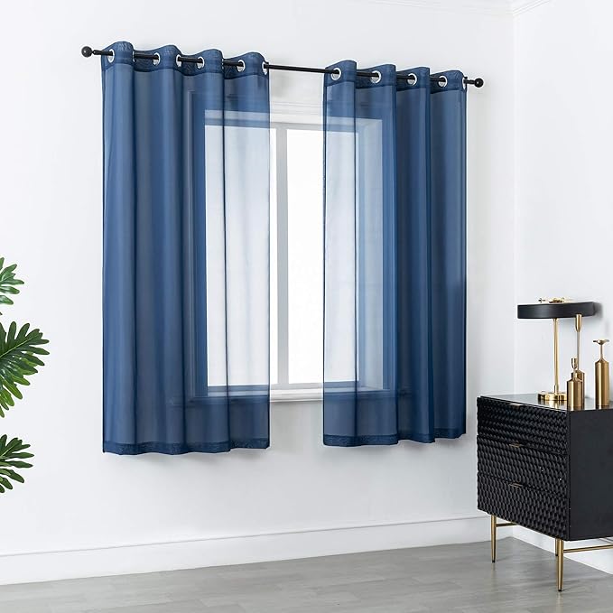 DUALIFE 45 Inches Navy Short Curtains for Bathroom Set of 2 Panels Grommet Semi Voile Drapes Navy Blue Sheer Curtains for Boys Room Kids Bedroom Small Windows 52 x 45 Inch Indigo Blue