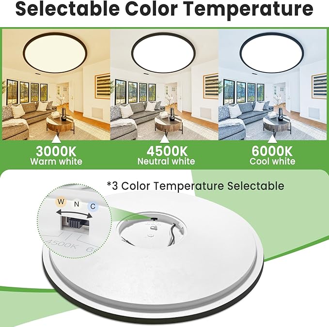 zemty 20 inch LED Flush Mount Ceiling Light, 50W 5000lm Large Light Fixture, 3 Color Temperature in One 3000k 4500k 6000K Round Modern Ceiling Lamp for Bedroom Kitchen Dining Room (Black)