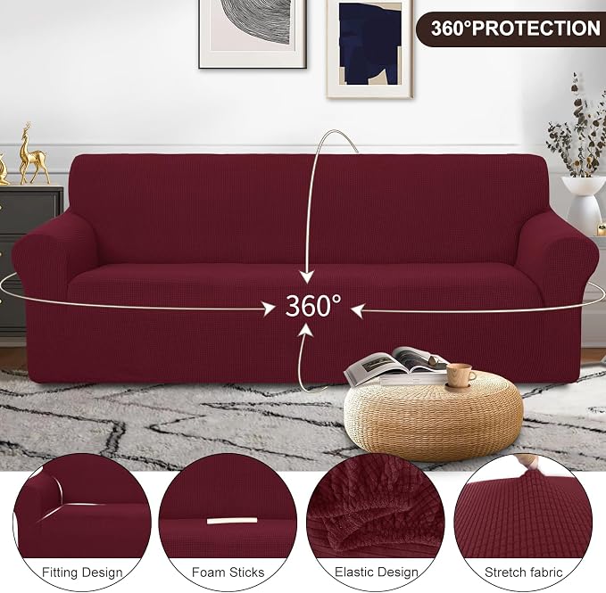 U-NICE HOME Oversized Stretch Couch Cover Slipcover, Burgundy | 3 Cushion Sofa - Image 3
