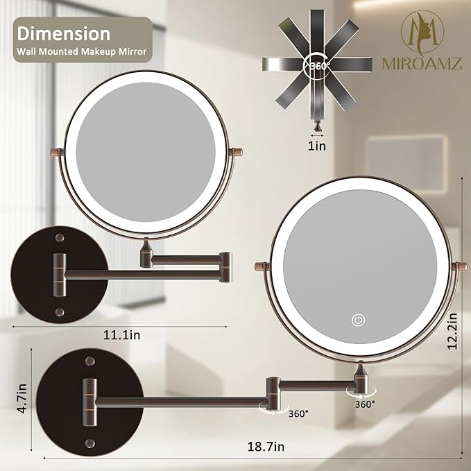 Rechargeable Wall Mounted Lighted Makeup Vanity Mirror 8 Inch Double Sided 1X 10X Magnifying Bathroom Mirror, 3 Color Lighting, Touch Screen Dimming, 360 Rotation Oil Rubbed Bronze