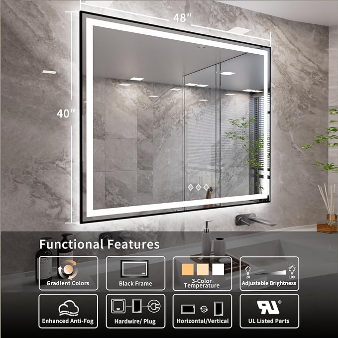 Bathroom Mirror Frame, 48x40 Inch Black Framed Gradient Front and Backlit LED Bathroom Mirror, 3 Colors Dimmable CRI>90, IP54 Enhanced Anti-Fog Wall Mounted LED Mirror