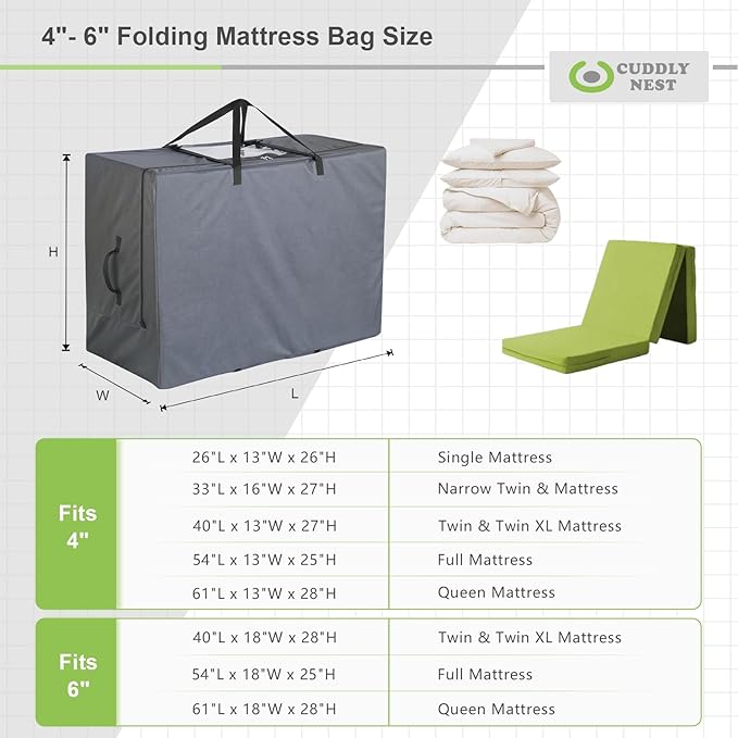 Cuddly Nest Folding Mattress Storage Bag - Heavy Duty Carry Case for Tri-Fold Guest Bed (Fits 4" Twin & Twin XL, Grey)