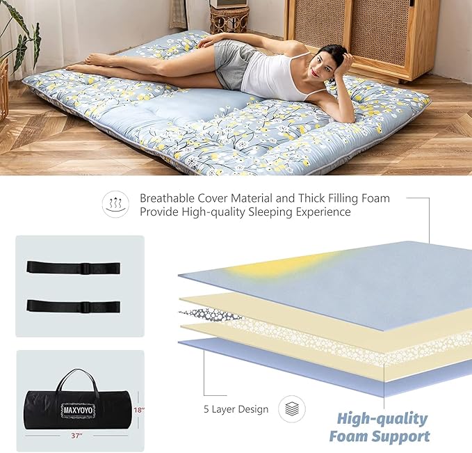 MAXYOYO Little Floal Japanese Futon Floor Mattress, Bed Mattress Topper Portable Thick Sleeping Pad Floor Bed Roll Up Camping Mattress Folding Couch Bed Mattress Pad for Guest Room, Queen Size