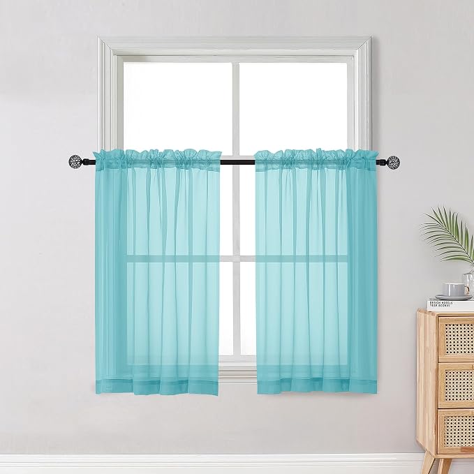 Short Aqua Sheer Curtains 36 Inch Length 2 Panels Set, Kitchen Tiers Curtains by OWENIE