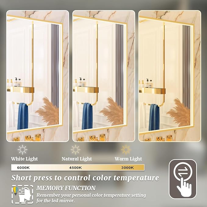 55x32 Inch LED Bathroom Mirror, Gold Metal Framed Lighted Mirror for Bathroom, Wall Mouted LED Vanity Mirror with Lights, 3 Colors and Stepless Dimmable, Anti-Fog, Memory