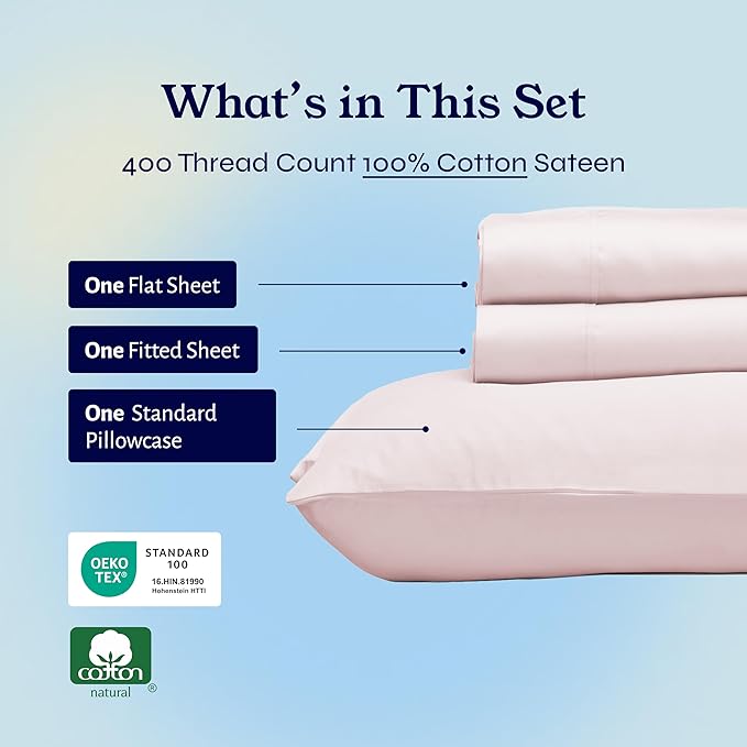 California Design Den Twin XL Sheet Sets - 400 Thread Count Sateen, 100% Cotton Sheets Set, Deep Pockets, Cooling and Durable Bedding for Dorm Rooms & Adults - Pink