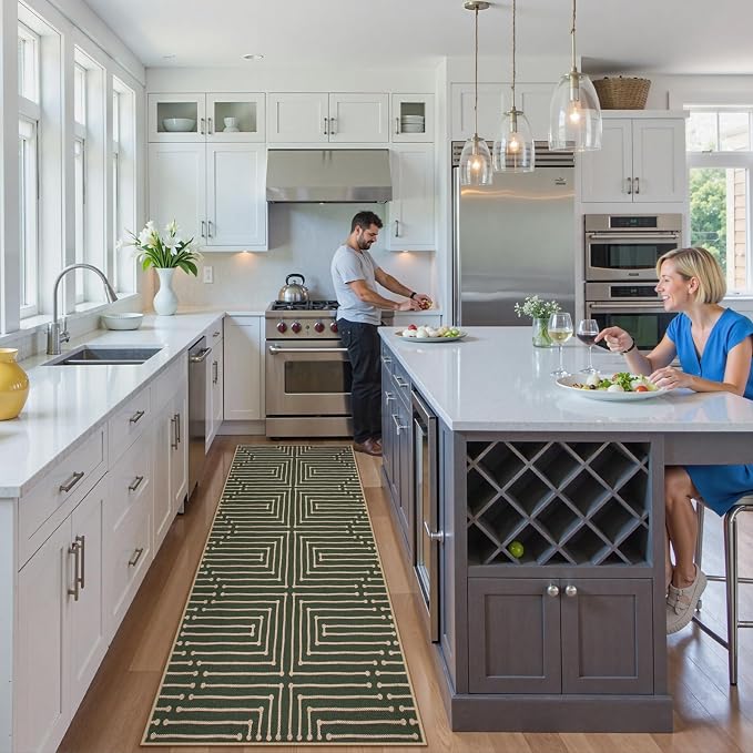 Lahome Maze Line Green Kitchen Runner Rug, 2x8 Outdoor Easy Jute Runner Rug | - Image 7