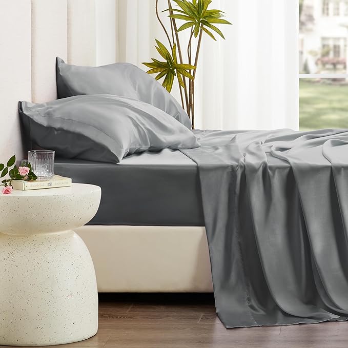 Love's cabin Twin Satin Sheet Sets - 3 Piece Dark Grey Silky Bed Sheets with Deep Pockets, Luxury Silk Feel Satin Twin Size Sheet Set Bedding Set (1 Flat Sheet,1 Fitted Sheet,1 Pillow case)