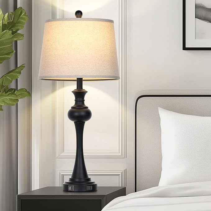 28.75" 3-Way Touch Control Modern Table Lamp Set of 2 for Living Room, Bedside Lamp with USB A+C Ports, Mid Century Black Table Lamps, Nightstand Lamps Set,Beige Fabric Shade Vintage Accent Style