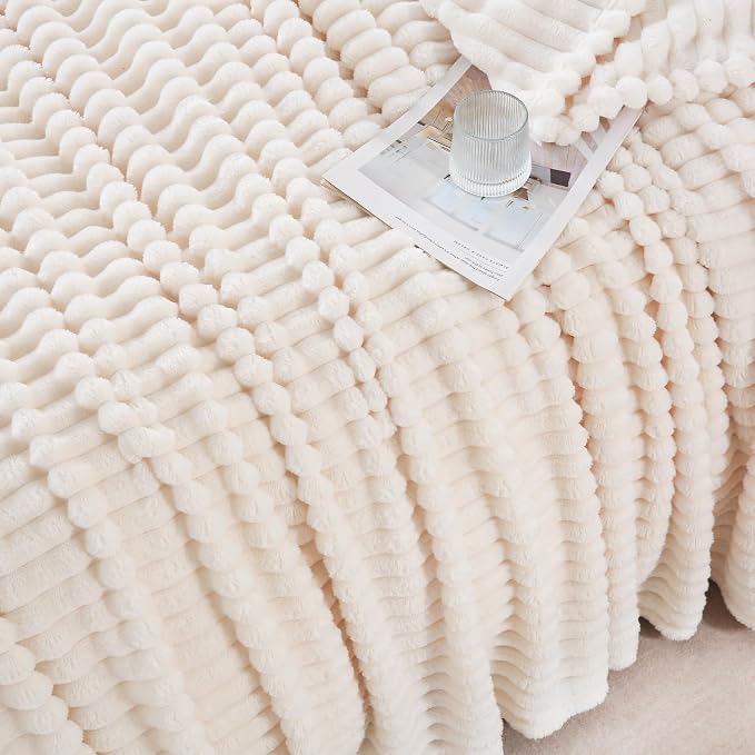 Cream White Throw Blanket for Couch Sofa 50x60 inches Striped Design | Fleece - Image 3