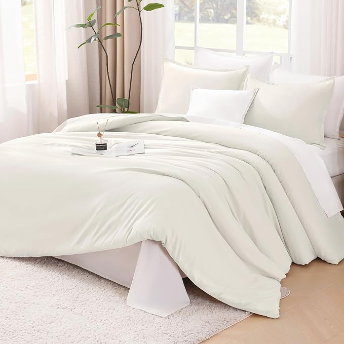 Litanika Ivory Comforter Set California King Size, 3 Pieces Cal King Lightweight Solid Bedding Comforter Set, All Season Fluffy Bed Set (104x96In Comforter & 2 Pillowcases)