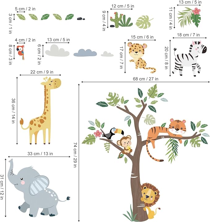 decalmile Jungle Animals Tree Wall Decals Elephant Giraffe Lion Safari Wall Stickers Baby Nursery Kids Bedroom Living Room Wall Decor