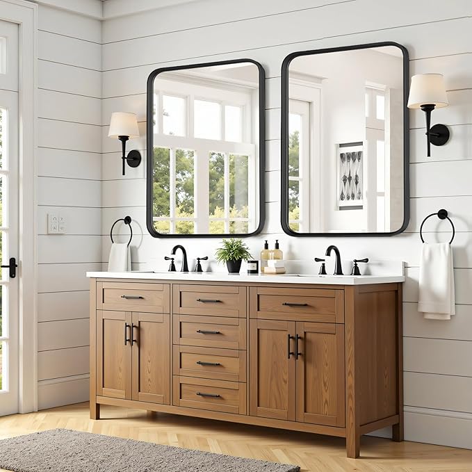 Bathroom Mirror 40x30 Inch Black Metal Framed Rounded Rectangle Vanity Mirror for Wall, Over Sink, Farmhouse, Restroom, Anti-Rust, Modern Decorative, Horizontal or Vertical Hanging