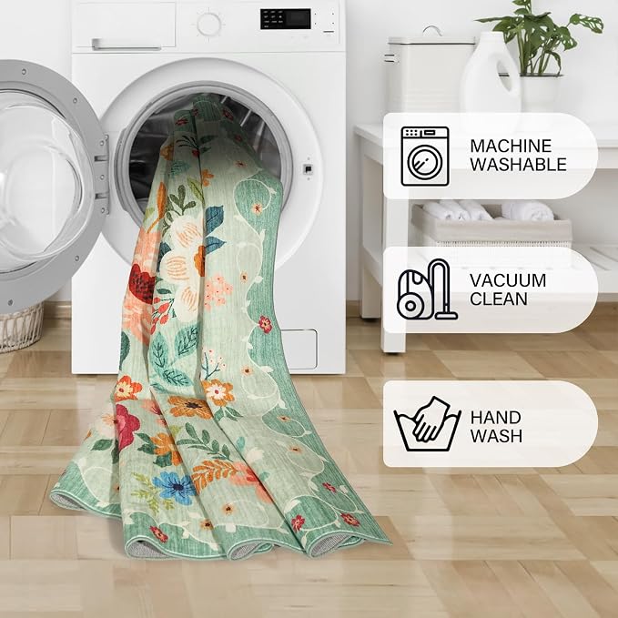 DUKINO 2x10 Runner Rug, Floral Washable Kitchen Runner Rug Non Slip, Low Pile - Image 8