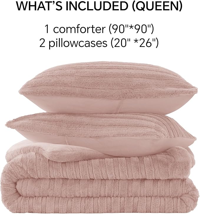 BEDELITE Fleece Queen Comforter Set -Super Soft & Warm Fluffy Pink Faux Fur Bedding, Luxury Fuzzy Heavy Bed Set for Winter with 2 Pillow Cases