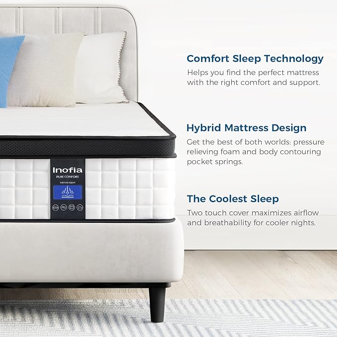 Inofia 10 Inch Queen Hybrid Double Mattress in a Box - Medium Firm, Memory Foam & Pocket Springs, Fiberglass Free, Motion Isolation, Pressure Relief, Edge Support, 10-Year Support, CertiPUR-US