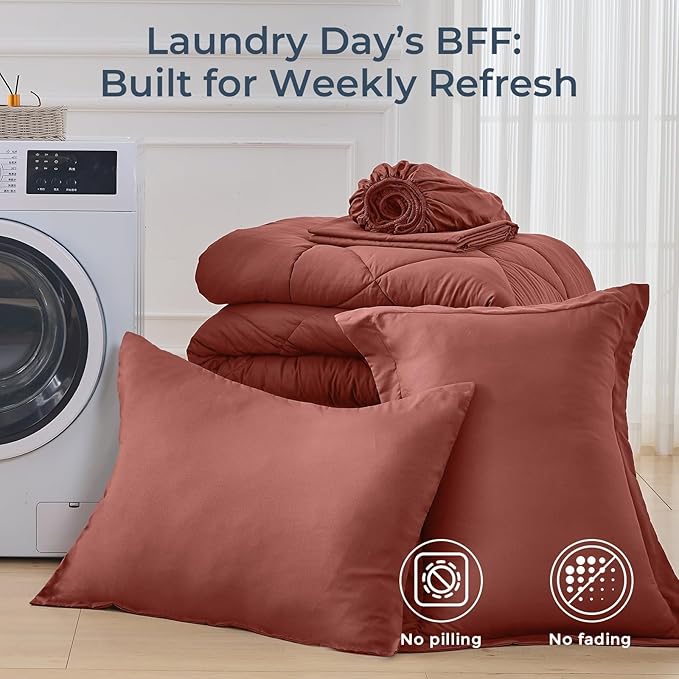HEVUMYI Terracotta Twin-XL Comforter Set - 5-Piece All Season Bed in a Bag Twin-XL, Ultra Soft Bedding Set with Comforter, Flat Sheet, Fitted Sheet, Pillowcases, Pillow Shams