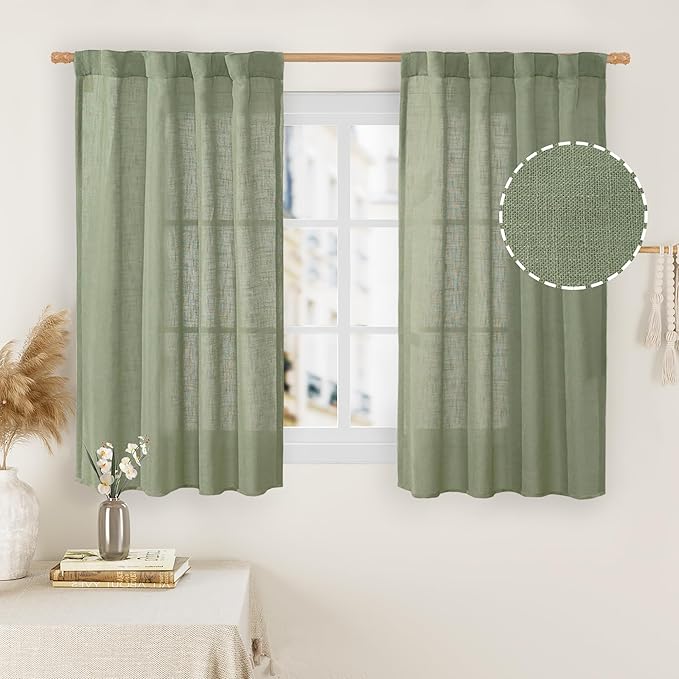Sage Green Linen Curtains 48 Inch Length 2 Panels, 34 x 48 Inch | Semi Sheer by LAMIT
