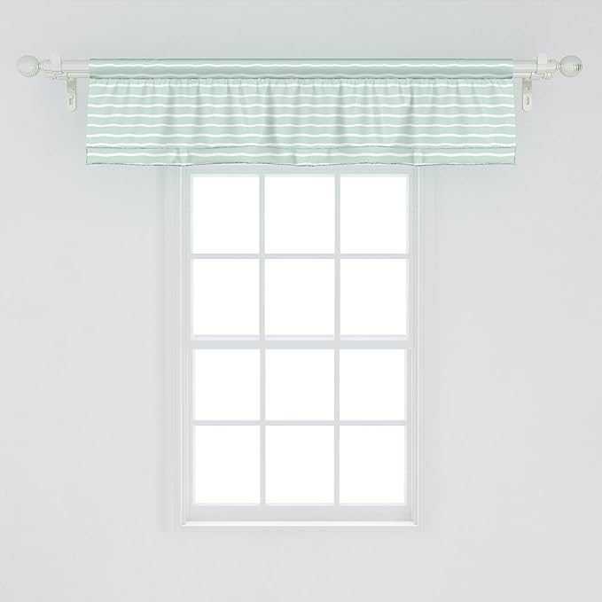 Ambesonne Pastel Window Valance, Horizontal Wavy Lines White Striped Abstract Soft Toned Nautical Art Display, Curtain Valance for Kitchen Bedroom Decor with Rod Pocket, 42" x 12", Almond Green White