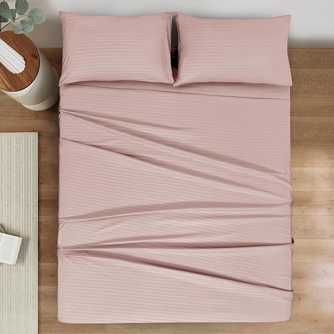 Mejoroom Striped Twin Sheet Set - Hotel Collection Twin Sheets - Bedding Sheets & Pillowcases with Deep Pocket Fitted Sheet, Breathable, Wrinkle & Fade Resistant - 3 Piece (02-Dusty Pink)