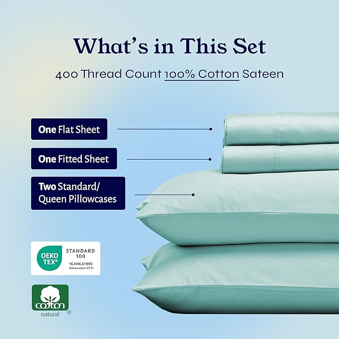 California Design Den Natural 100% Cotton Sheets, Soft Queen Sheet Set, 400 Thread Count Sateen, Deep Pockets with All-Around Elastic for a Snug Fit, Cool & Durable Bedding Set - Seafoam