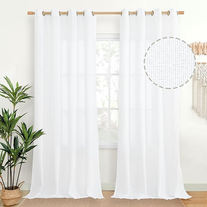 Extra Long White Linen Semi Sheer Curtains 90 Inch Length 2 Panels | Light by YoungsTex