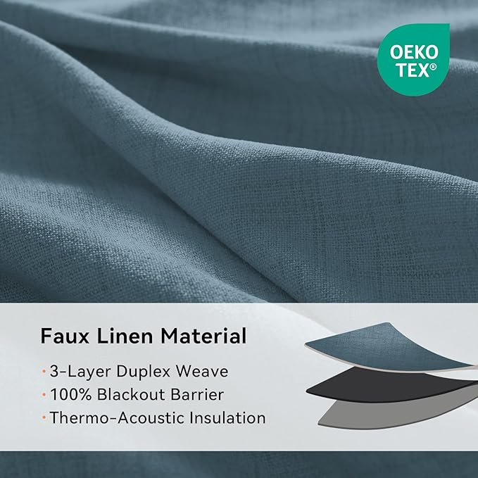100% Blackout Linen Textured Curtains 96 Inch Long, Stone Blue | 100% Blackout - Image 4
