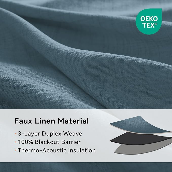 100% Blackout Linen Textured Curtains 63 Inch Long, Stone Blue | 100% Blackout - Image 4