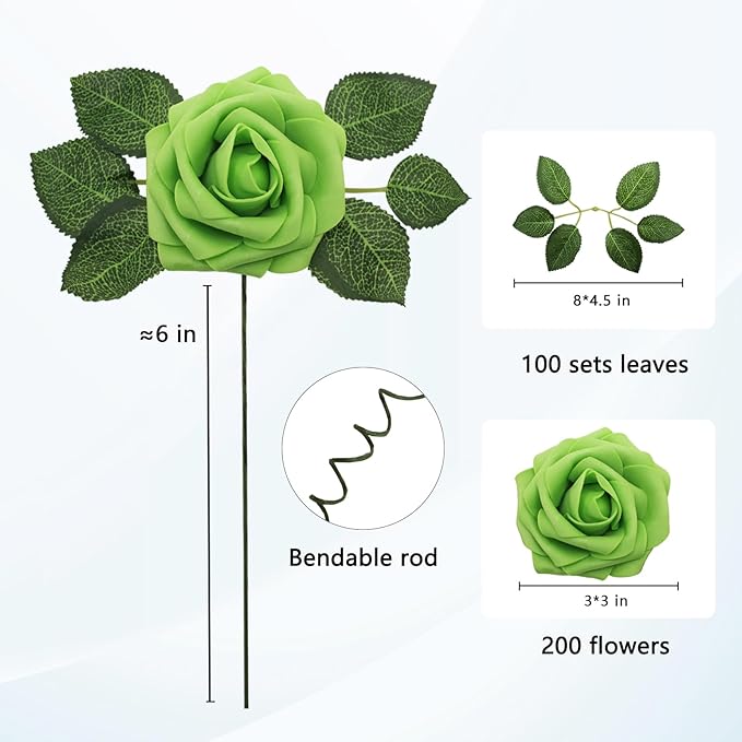JOYLEX Artificial Flowers Realistic Roses, Real Looking Fake Roses with Stem for DIY Wedding Bouquets Centerpieces Bridal Shower Party Home Romantic Decorations (Green, Regular 3" - 200pcs)