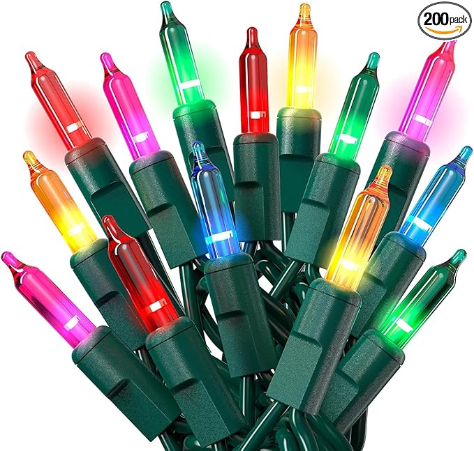 PREXTEX Multi Colored Christmas Tree Light String - Twinkle 200 Lights Mixed Color with Green Wire - 40 ft Outdoor Mardi Gras Lights for Holiday and Indoor Decorations