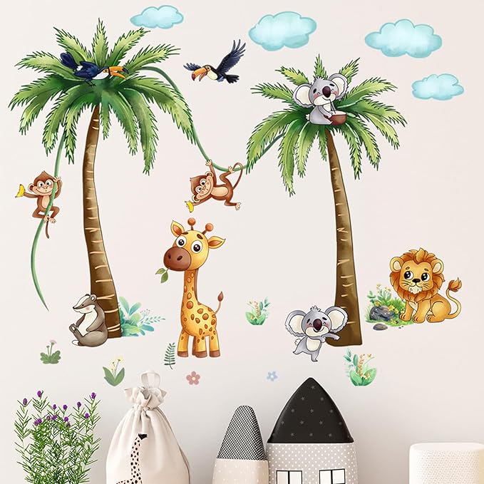 Jungle Animal Wall Stickers Forest Safari Wall Decals Kid Room Nursery Baby Bedroom Décor (Brown Tung Tree Toucan)