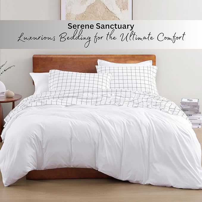 LANE LINEN Twin Sheet Set, 100% Organic Cotton Sheets Twin Size, 3Pc Twin Sheets Sets, Premium Bedding Sheets & Pillowcases, Percale Sheets, 15" Deep Pocket Twin Fitted Sheet - Windowpane