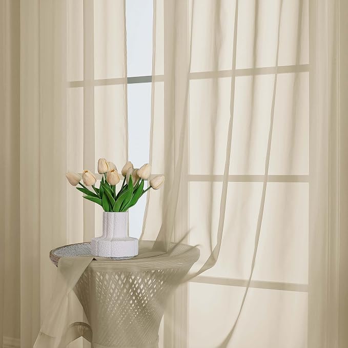 Taupe Sheer Curtains 63 Inch Length 2 Pcs, Light Filtering Rod Pockets Window - Image 6