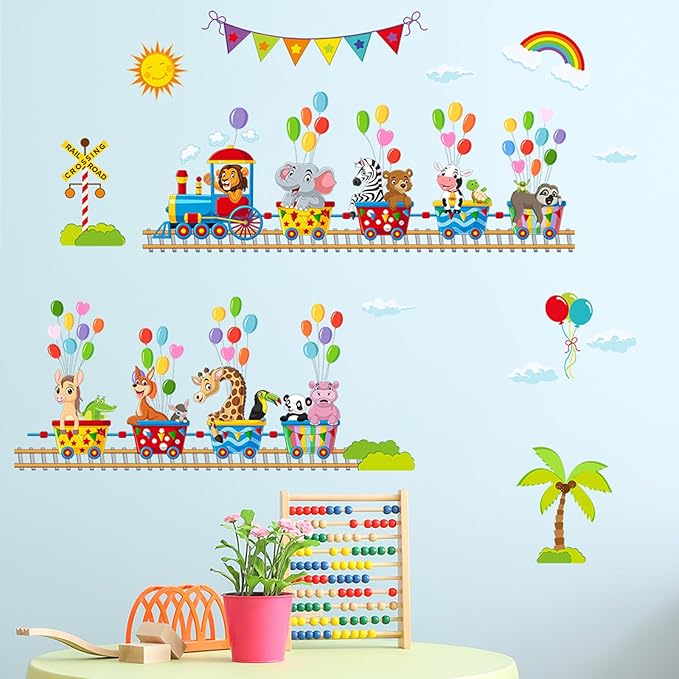 Jungle Animal Wall Stickers Forest Safari Wall Decals Kid Room Nursery Baby Bedroom Décor (Animal Train Balloon)