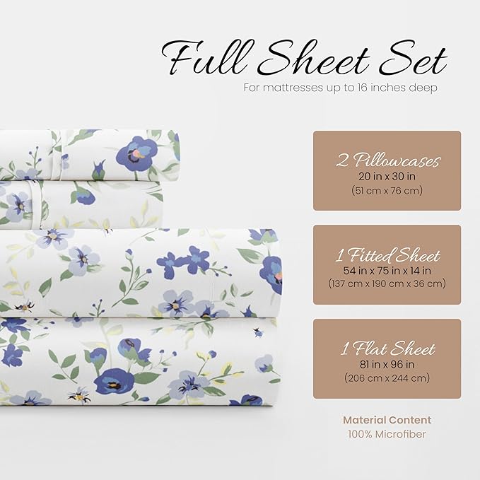 Linen Market Double-Brushed Patterned Microfiber Full Sheet Set 4 Piece – Oeko-TEX Certified Ultra Soft & Wrinkle-Free - 16" Deep Pocket Sheets - Easy Care Full Size - Blossoms Light Blue