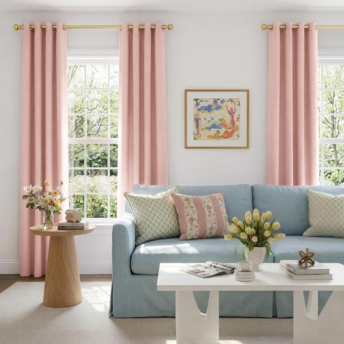 100% Blackout Linen Textured Curtains 63 Inch Long, Blush Pink | 100% Blackout - Image 5