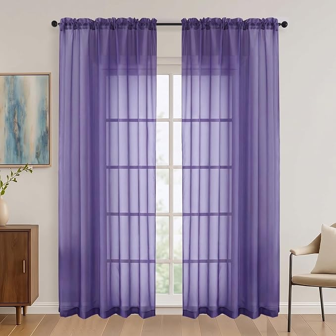 Purple Sheer Curtains 84 Inches Long 2 Panels Set, Light Filtering Sheer by OVZME