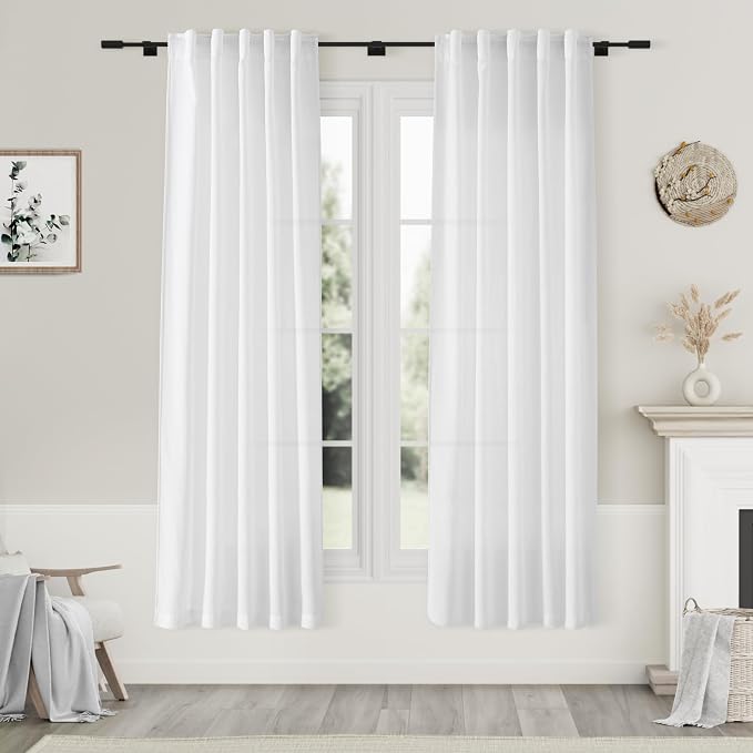 White Linen Curtains 70 Inches Long 2 Panels Set Back Tab Rod Pocket Light by Nanspring
