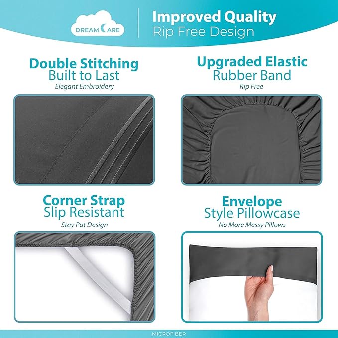DREAMCARE Queen Sheet Set – 6 pcs Cooling Bed Sheets – up to 15” Deep Sheets Queen Size Bed Set – 2500 Supreme Collection – Extra Soft 100% Brushed Microfiber Hotel Luxury with Side Pocket – D Gray